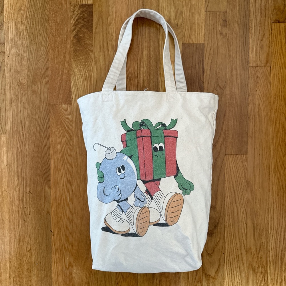 White UNIQLO Tote Bag with Cartoon Christmas Print